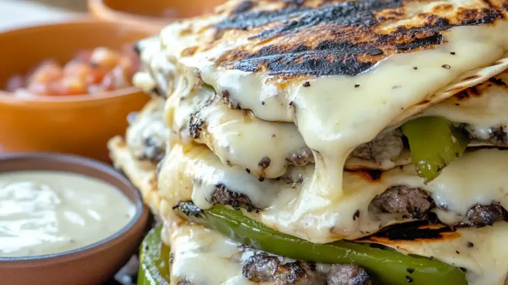 A stack of perfectly grilled steak quesadillas with cheese, green peppers, onions, salsa, and dipping sauce.