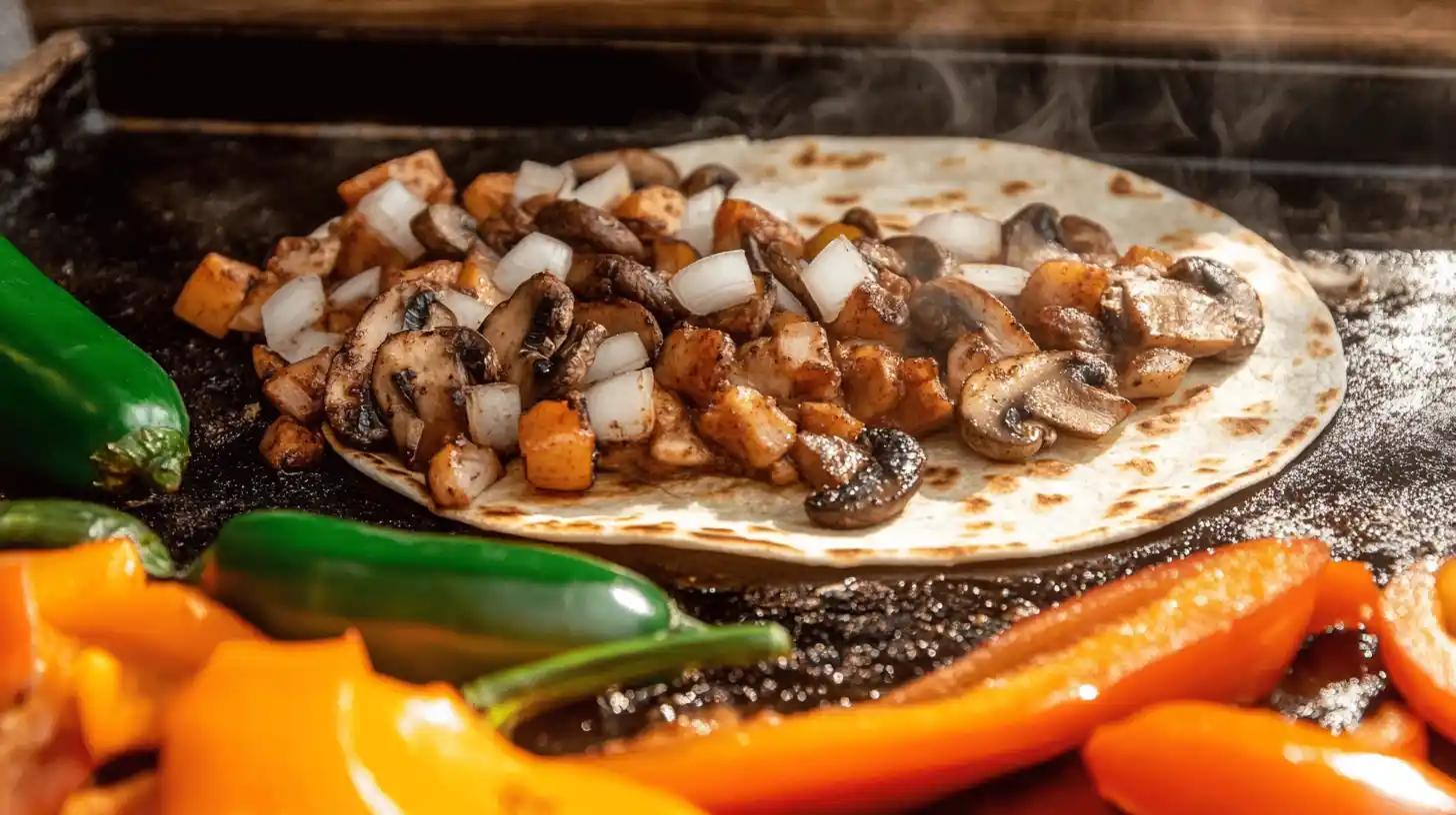 A colorful mix of sautéed bell peppers, mushrooms, and onions stuffed inside a quesadilla.