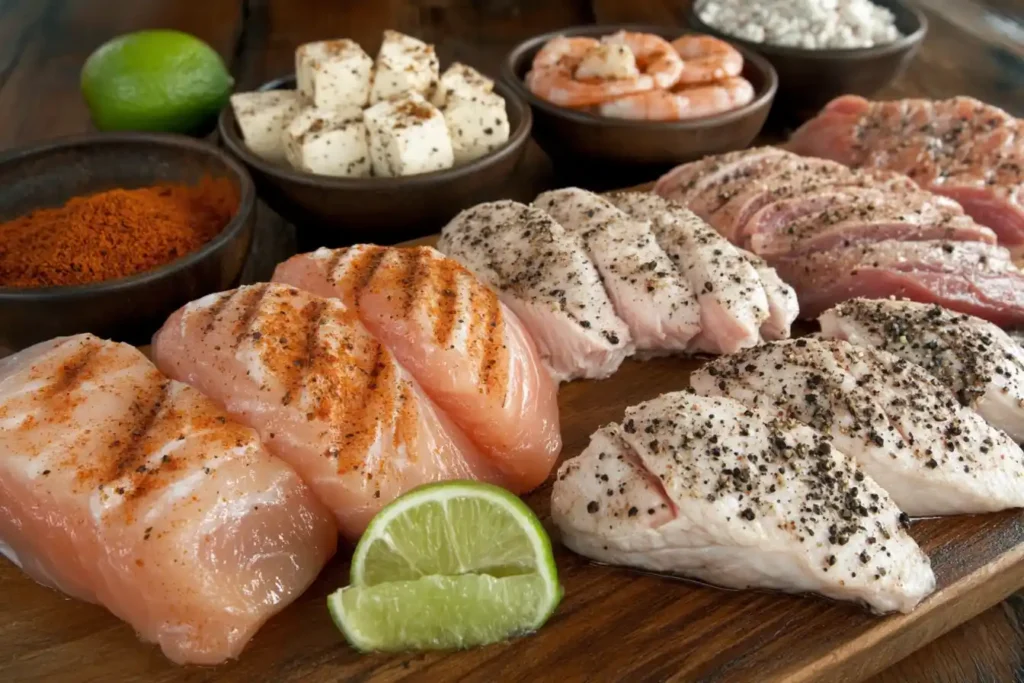 A flat-lay photo of grilled chicken, beef, shrimp, and tofu on a wooden board surrounded by bowls of spices and lime wedges.