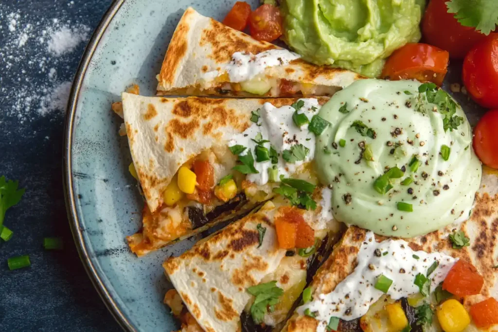 A plate of vegan quesadillas filled with roasted vegetables, plant-based cheese, and avocado cream on the side.