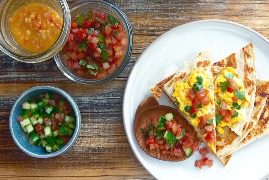 A flat-lay of a breakfast quesadilla plate with scrambled eggs, crispy bacon, diced veggies, and fresh salsa sides.