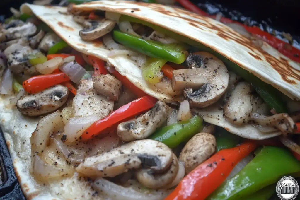 A colorful mix of sautéed bell peppers, mushrooms, and onions inside a quesadilla, highlighted by a red border.