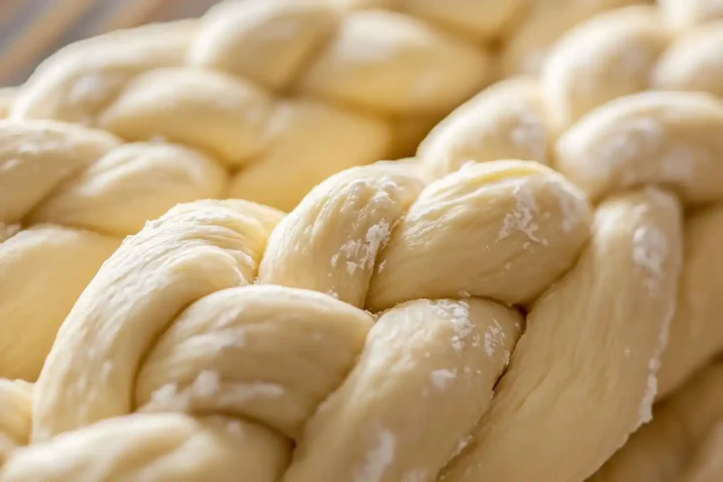 Close-up of a freshly braided challah loaf showcasing its intricate twists.