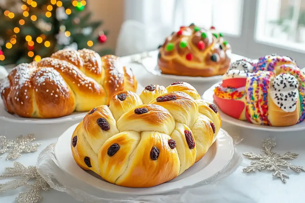 Three different challah loaves on a festive table: traditional, with raisins, and multi-colored.