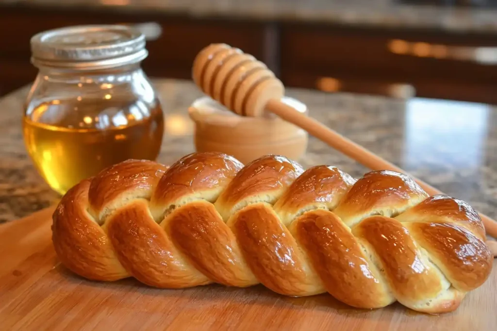 Freshly baked challah loaf, golden and braided, resting on a wooden counter with honey.