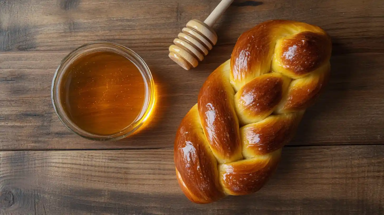 A golden, glossy loaf of braided challah bread sits on a wooden table next to a small glass bowl of honey with a wooden honey dipper resting on it.