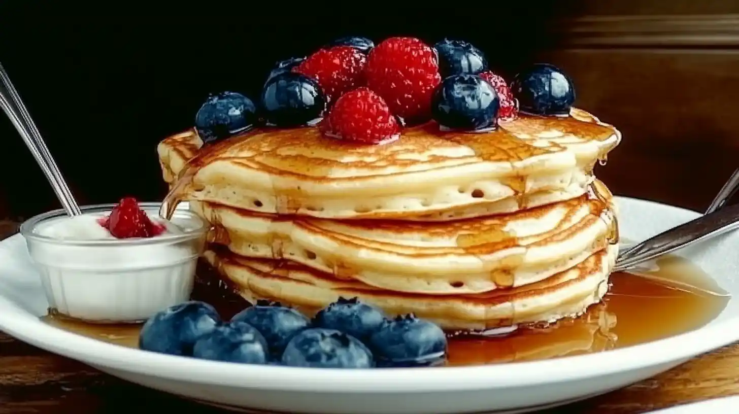 A stack of golden-brown pancakes on a plate, topped with fresh fruit and paired with a bowl of maple syrup.