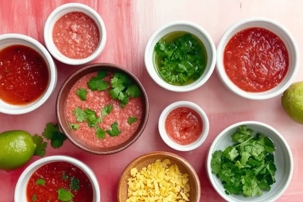 Separate bowls containing each ingredient for quesadilla sauce, arranged neatly for a colorful flat-lay photograph.