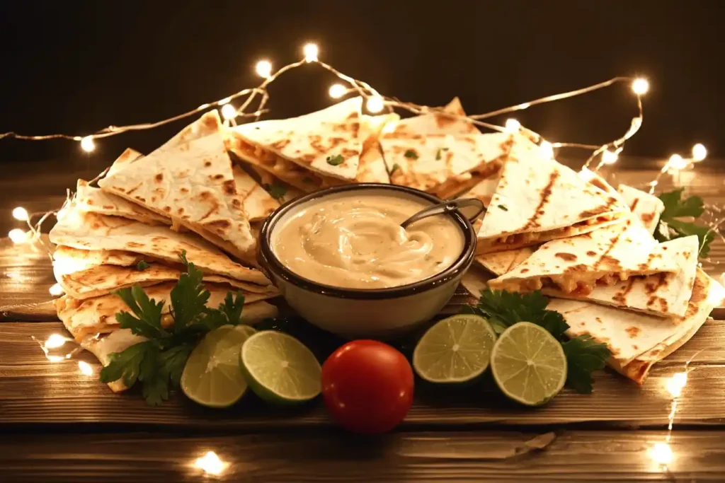 A small bowl of creamy quesadilla sauce surrounded by a stack of freshly cut quesadillas and lime slices.