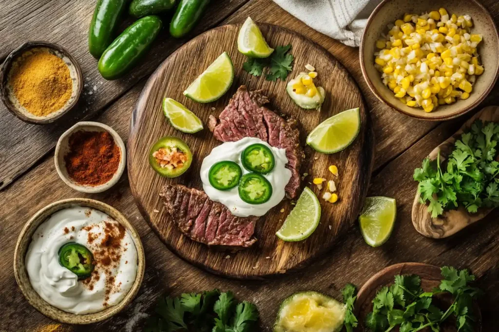 A vibrant flat-lay image of ingredients (mayonnaise, sour cream, jalapeños, lime wedges, and spices) arranged on a wooden cutting board with a mixing bowl in the center.