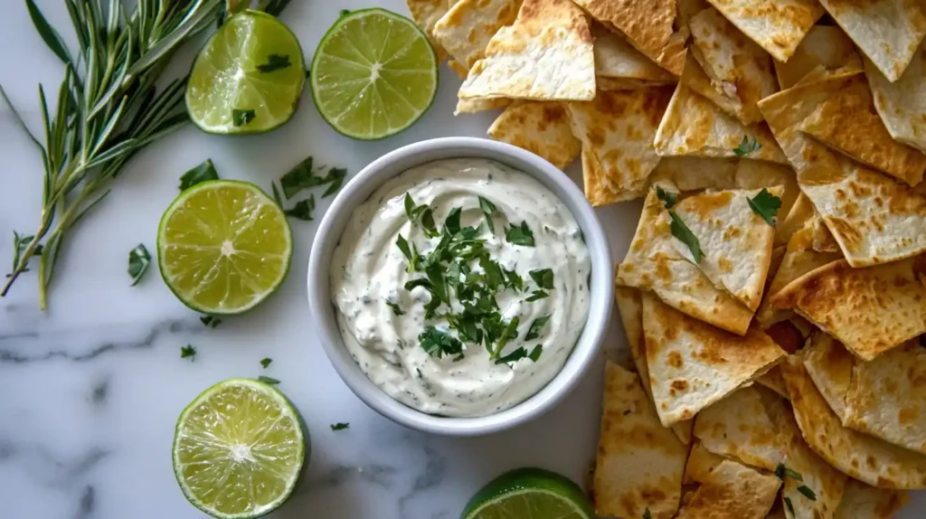 A small bowl of creamy quesadilla sauce surrounded by a stack of freshly cut quesadillas and lime slices.