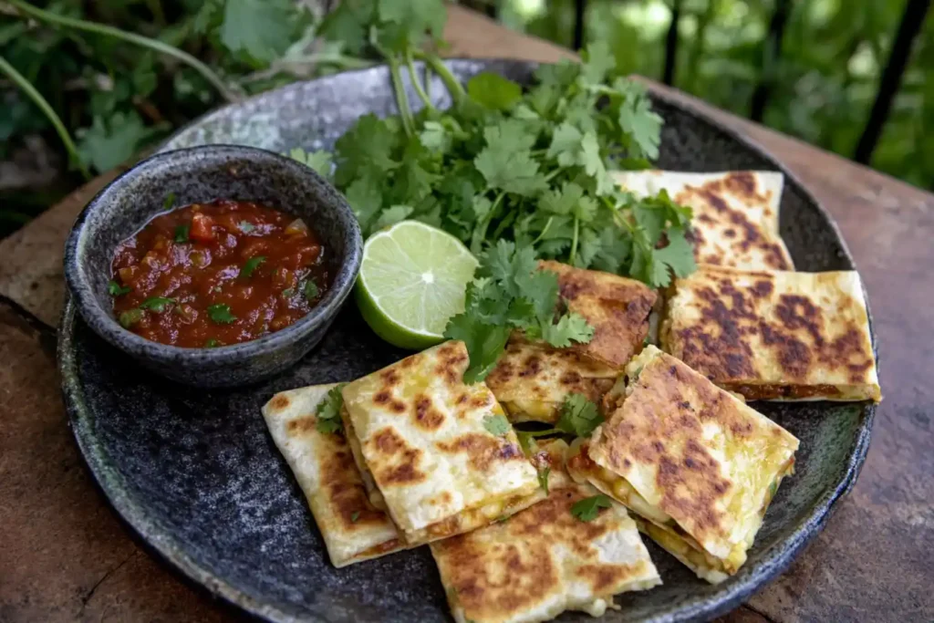 A vibrant platter of quesadillas with quesadilla sauce served in a small bowl, garnished with fresh cilantro and lime.