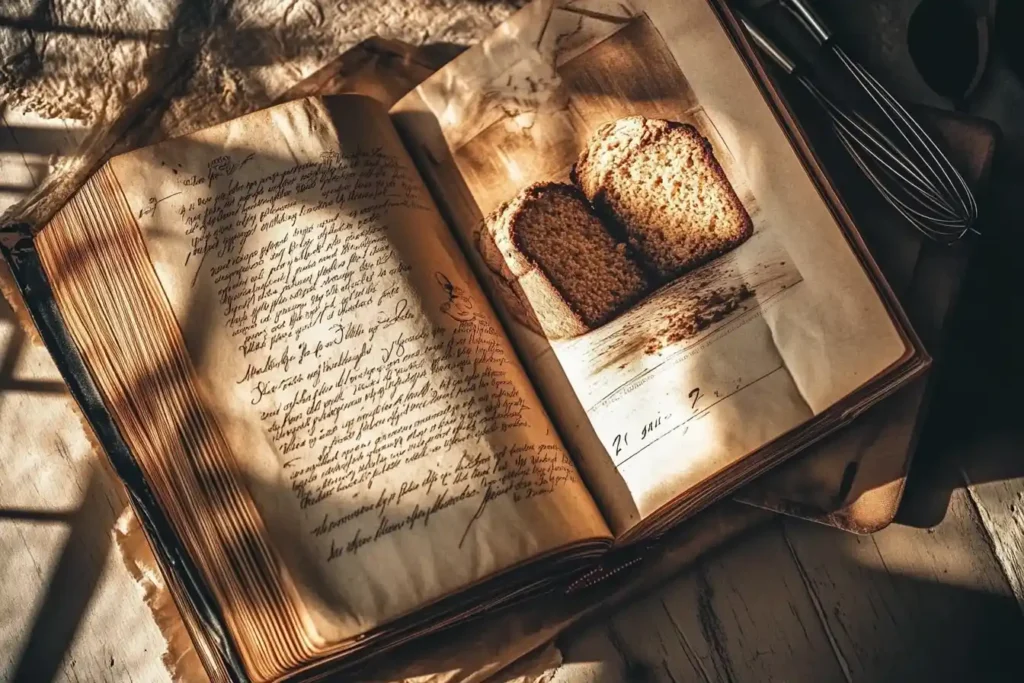 Sepia-tone close-up of vintage banana bread recipes with handwritten notes, antique baking tools, and distressed wooden table.