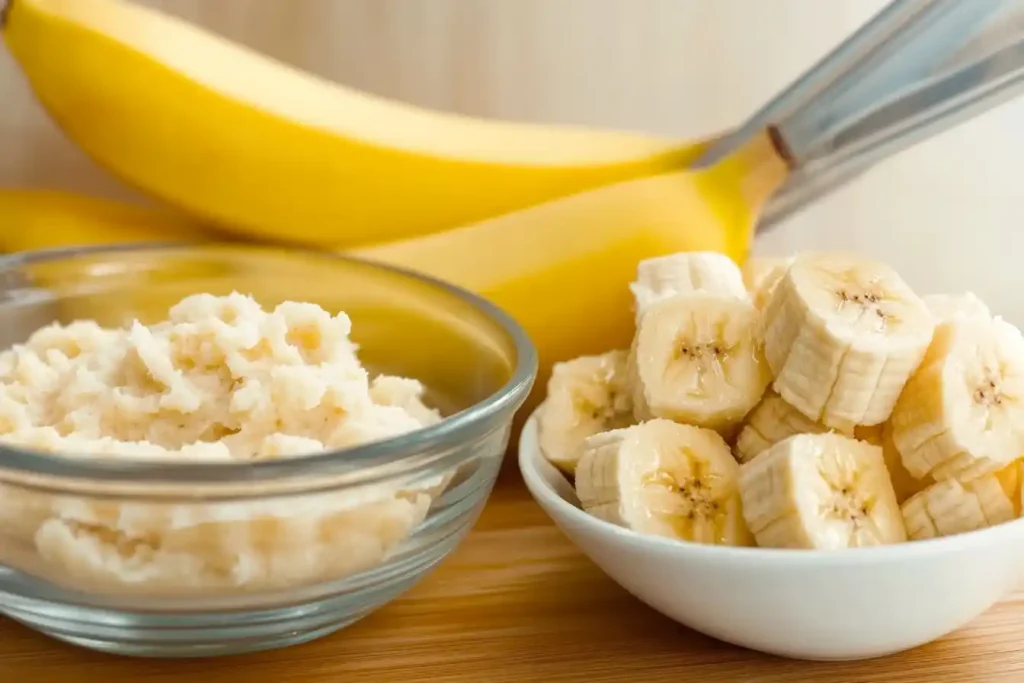 Overripe bananas next to a bowl of mashed bananas, ready for banana bread.