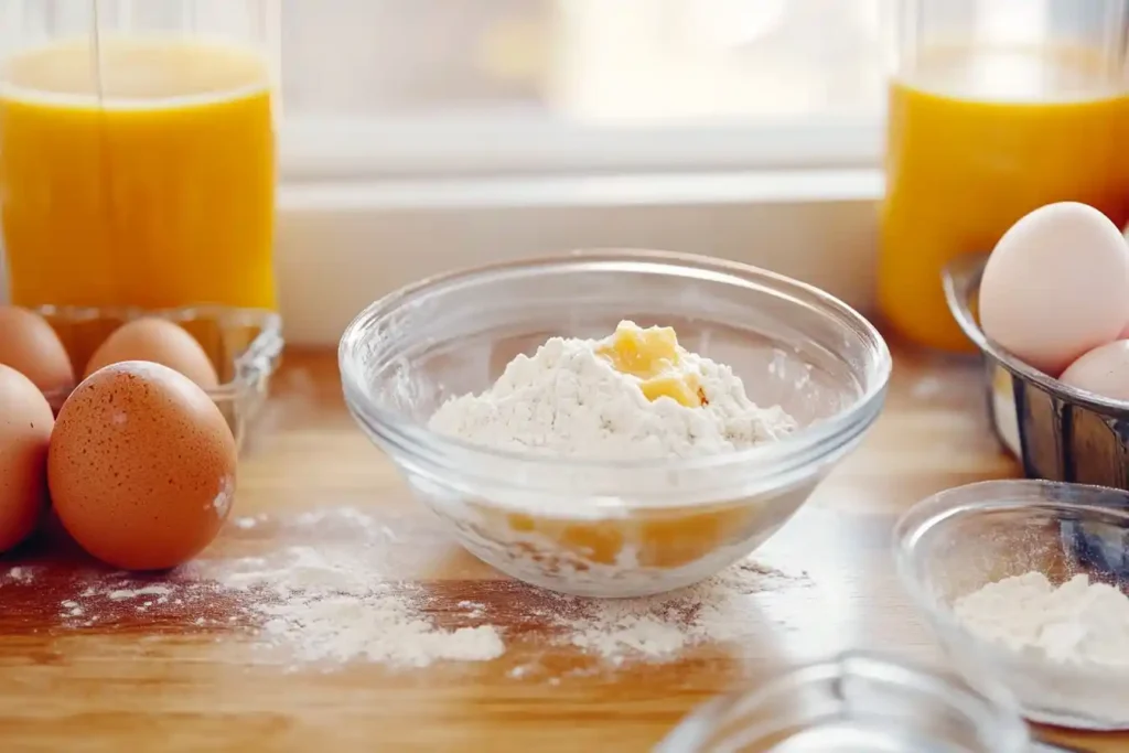 Mixing bananabread batter in a bowl, surrounded by baking ingredients on a wooden countertop.