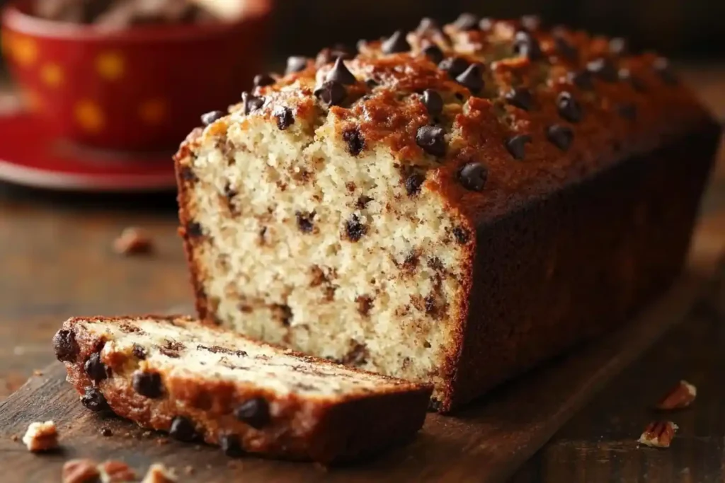 Close-up of banana bread loaf cross-section showing moist texture, chopped nuts, and chocolate chips.