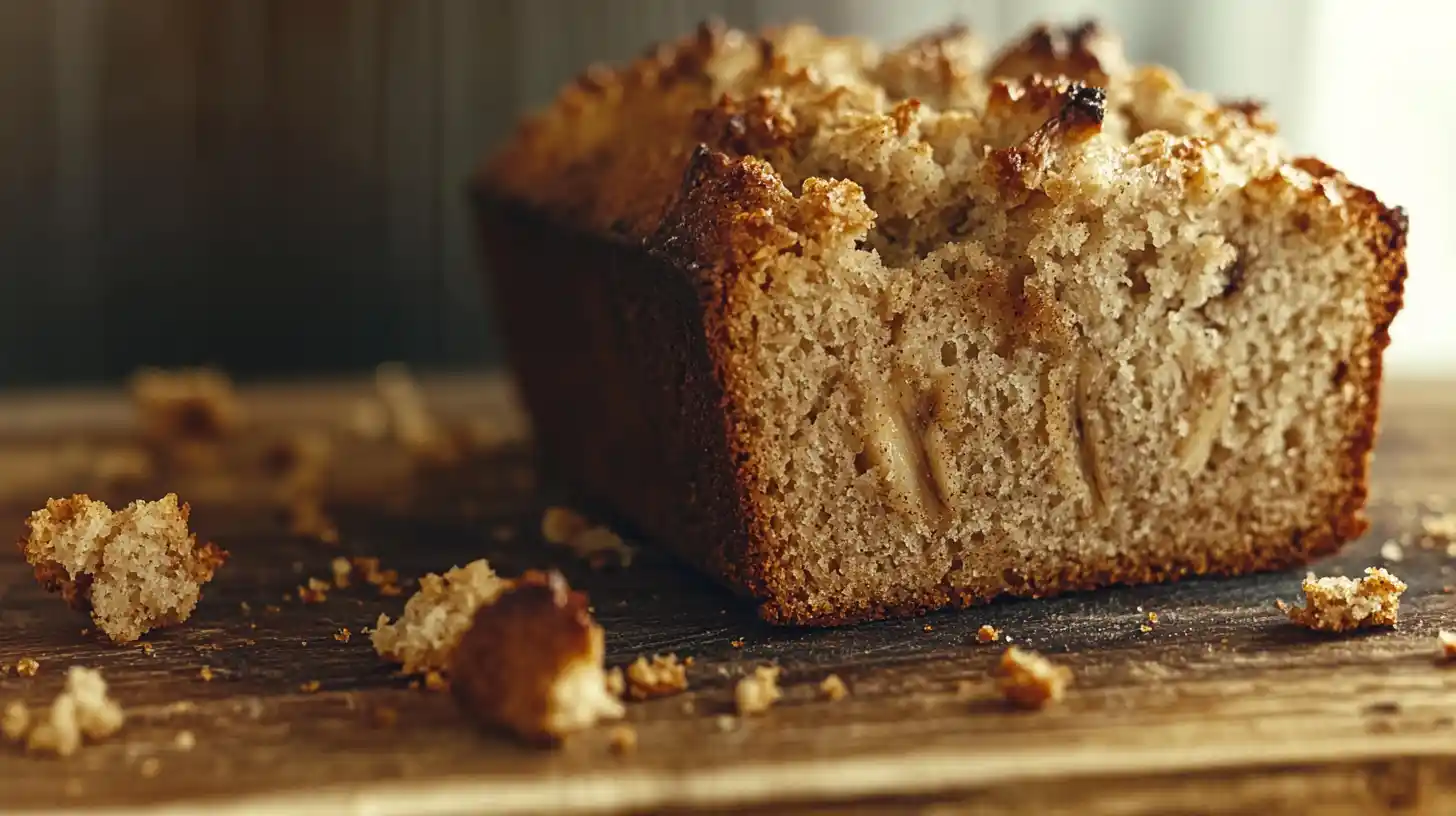 Cross-section of banana bread loaf showcasing moist texture, banana pieces, and a golden-brown crust, on a rustic cutting board with crumbs.