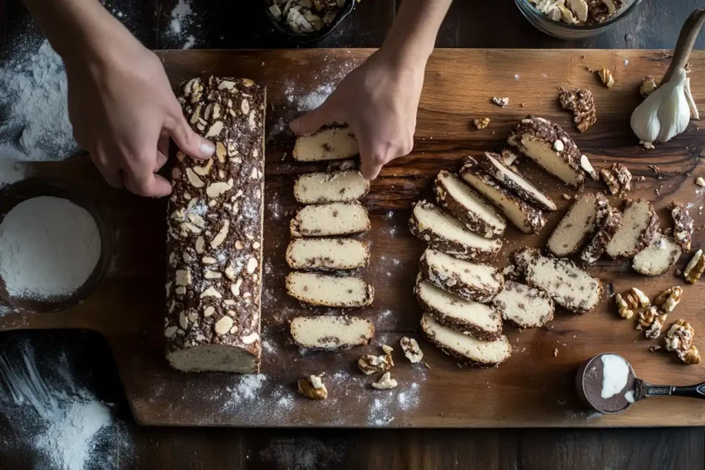 Step-by-step progression of the biscotti-making process, showing the baked log, slices being cut, and the final second baking on a tray.