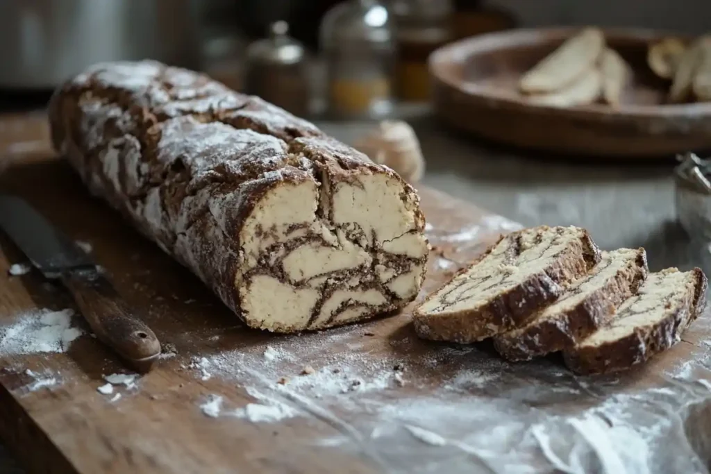 Close-up of slicing a baked biscotti log, with vibrant lighting in a rustic kitchen setting.