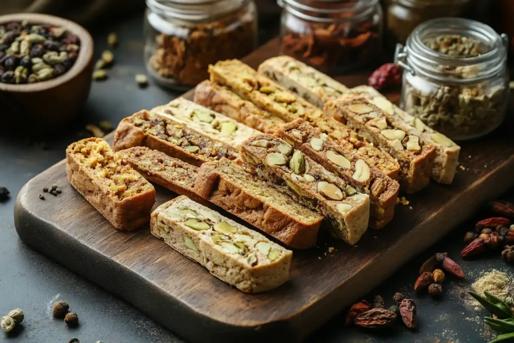 An assortment of biscotti infused with nuts, spices, and dried fruits displayed on a wooden cutting board, with small spice jars and scattered ingredients in the background for an artisanal touch.