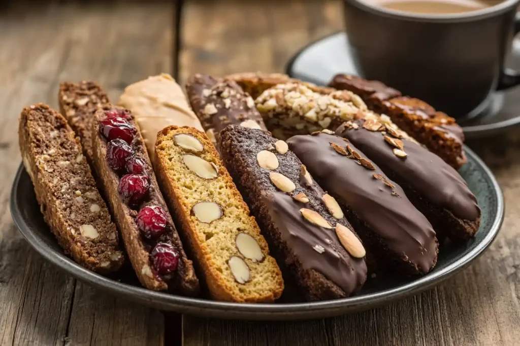 A plate of assortedbiscotti, featuring chocolate-dipped, cranberry-orange, and almond varieties, styled on a wooden table with a coffee cup.