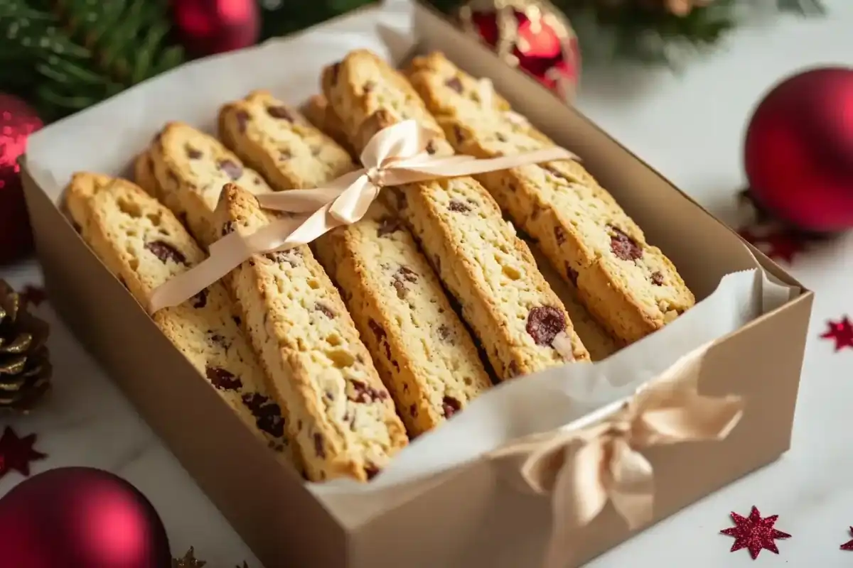 Gift box filled with biscotti arranged in parchment paper, tied with a bow, and surrounded by holiday-themed decorations.