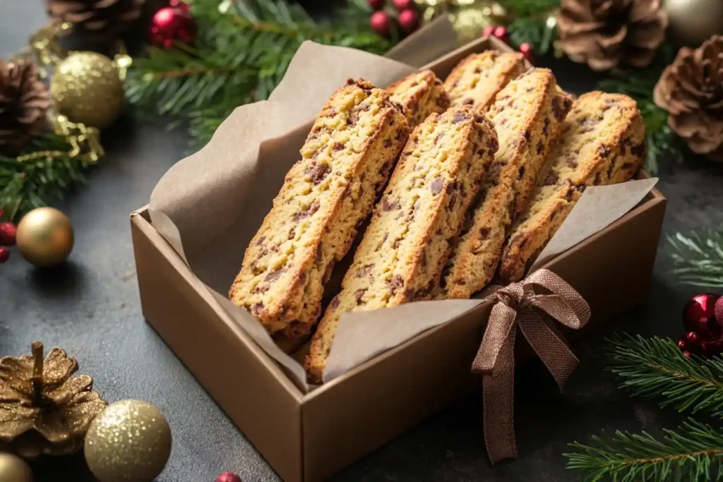 A festive gift box filled with neatly arranged biscottion parchment paper, tied with a ribbon, surrounded by holiday decorations including pinecones, evergreen branches, and glittering ornaments.