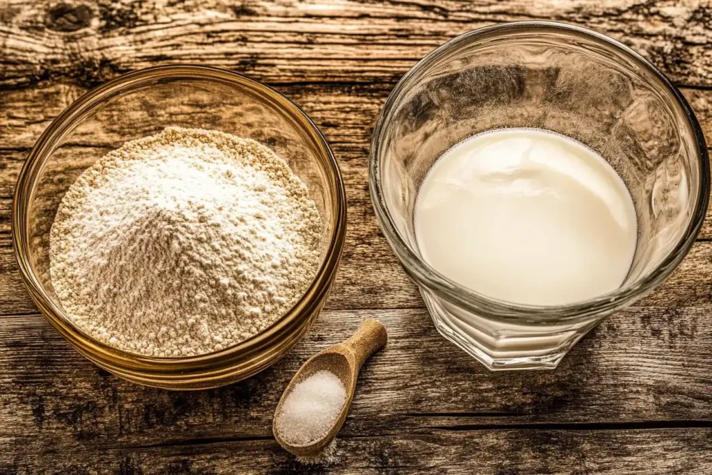 Neatly arranged ingredients for baking: flour, cold butter, baking powder, sugar, and milk on a countertop.