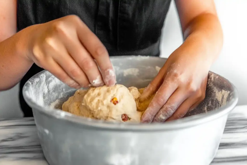 Hands gently shaping scone dough on a flour-dusted countertop.