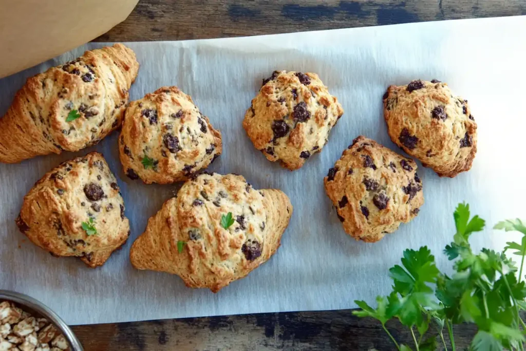 A variety of scones in different flavors (blueberry, chocolate chip, cheddar herb) on a rustic wooden board with garnishes.