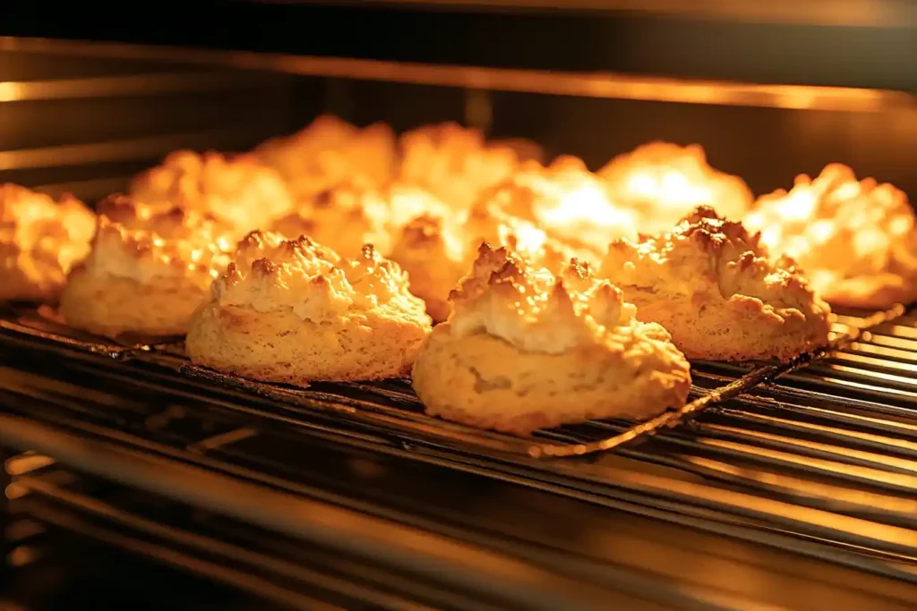 Scones baking in the oven with a gradual rise and golden tops.