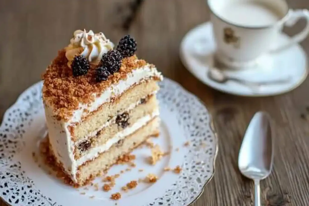 A slice of cake with visible, moist crumbs enriched with buttermilk or sour cream.