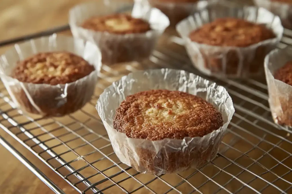 Freshly baked cake layers on a cooling rack, wrapped in plastic wrap for storage.