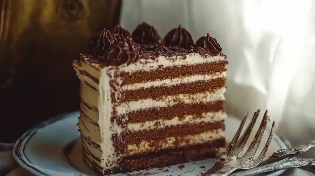 A close-up of a slice of chocolate layer cake with cream frosting, garnished with chocolate shavings, served on a decorative plate.