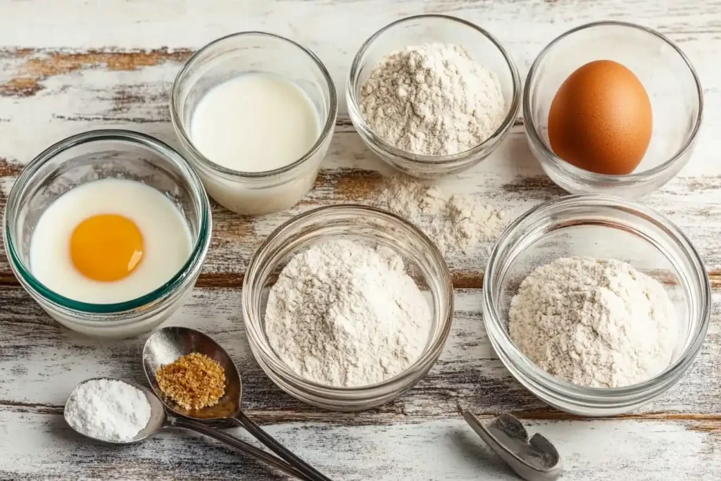 A close-up image of separated pancake ingredients—flour, eggs, milk, and buttermilk—placed with measuring spoons on a wooden countertop.