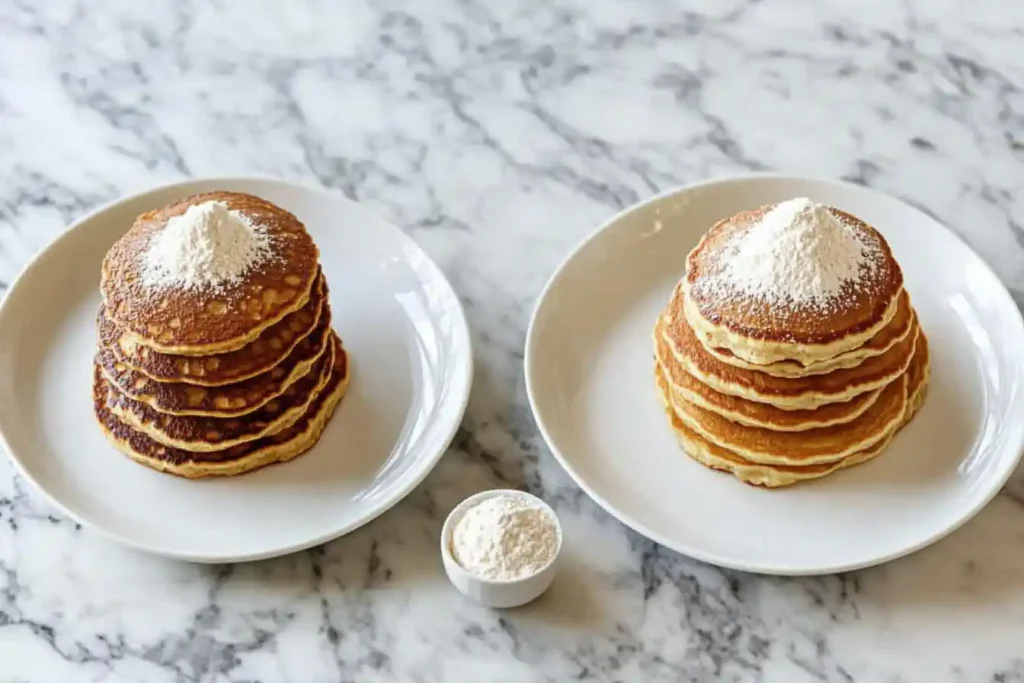 A side-by-side comparison chart showing pancake batter outcomes using baking powder vs. baking soda, highlighting texture and rise differences.