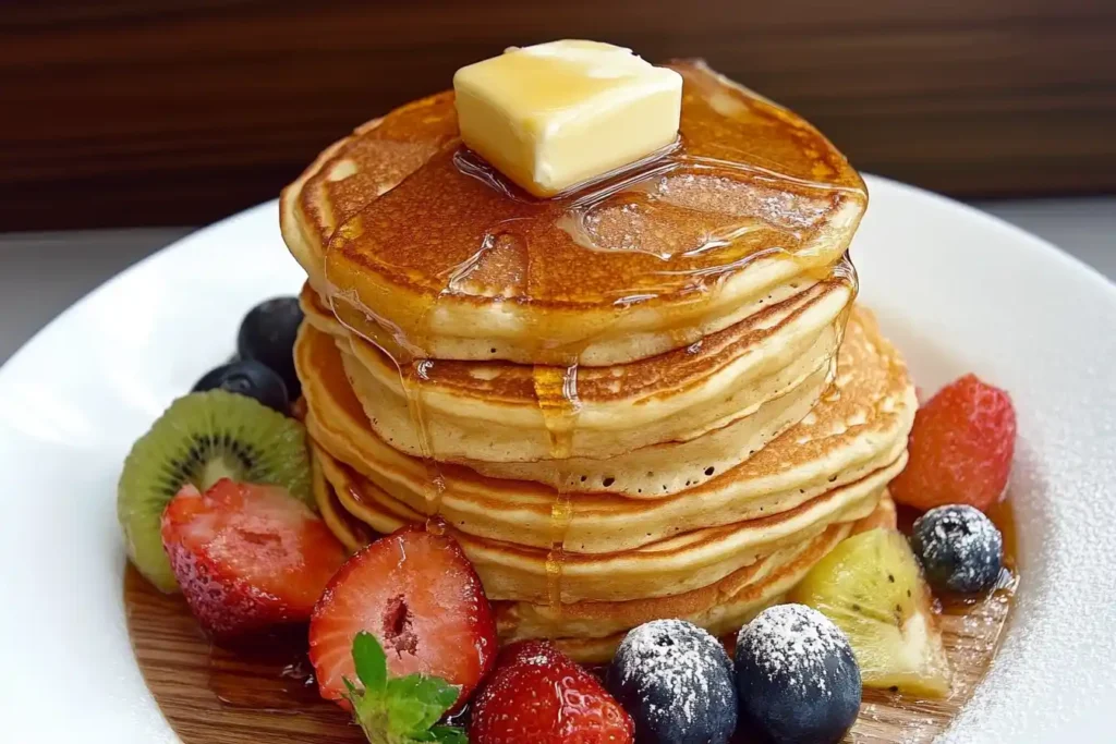 A stack of golden-brown pancakes with butter melting on top, drizzled with syrup, and surrounded by fresh fruits.