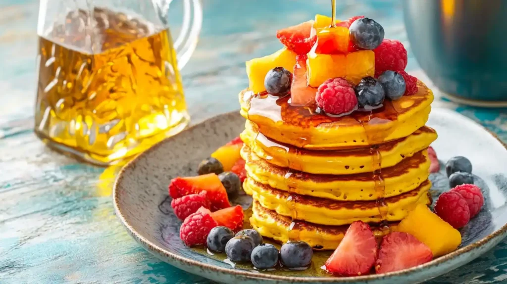 A vibrant photo of golden pancakes drizzled with fresh fruit and syrup on a plate, showcasing the fluffiness of the stack.