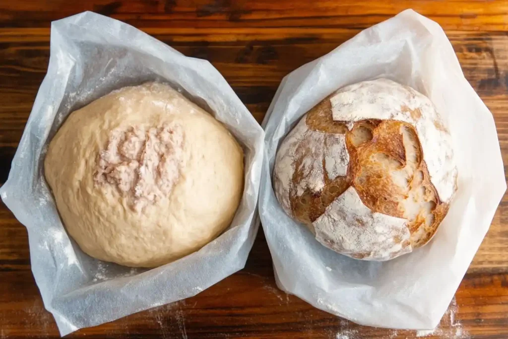 Top-down photo of two sourdough doughs, one overhydrated (wet and sticky) and the other underhydrated (dry and crumbly).