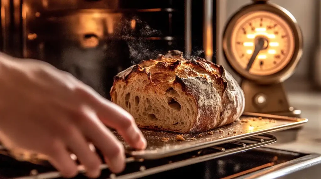 A baker removing a golden, freshly baked sourdough loaf from the oven, with steam rising gently and an oven thermometer visible in the background.