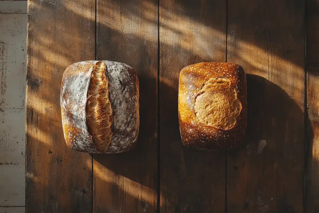 Top-down view of two sourdough loaves on a rustic wooden table, highlighting differences in texture due to humid and dry climates.