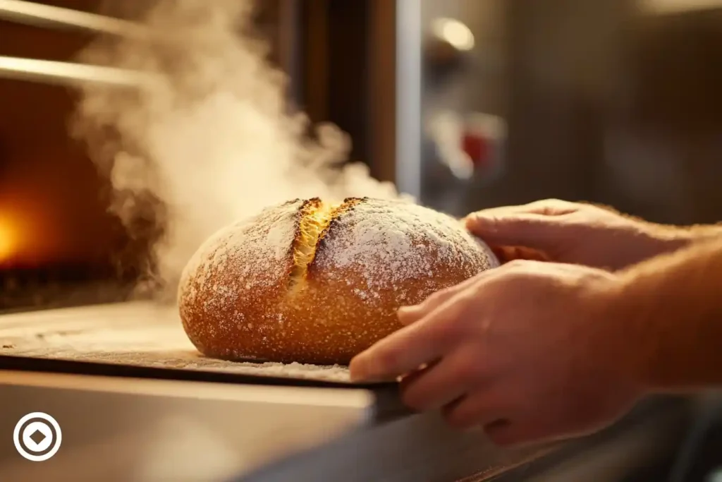 Close-up of a baker’s hands pulling a steaming sourdough loaf out of the oven with golden, crackly crust and an oven thermometer in the background.