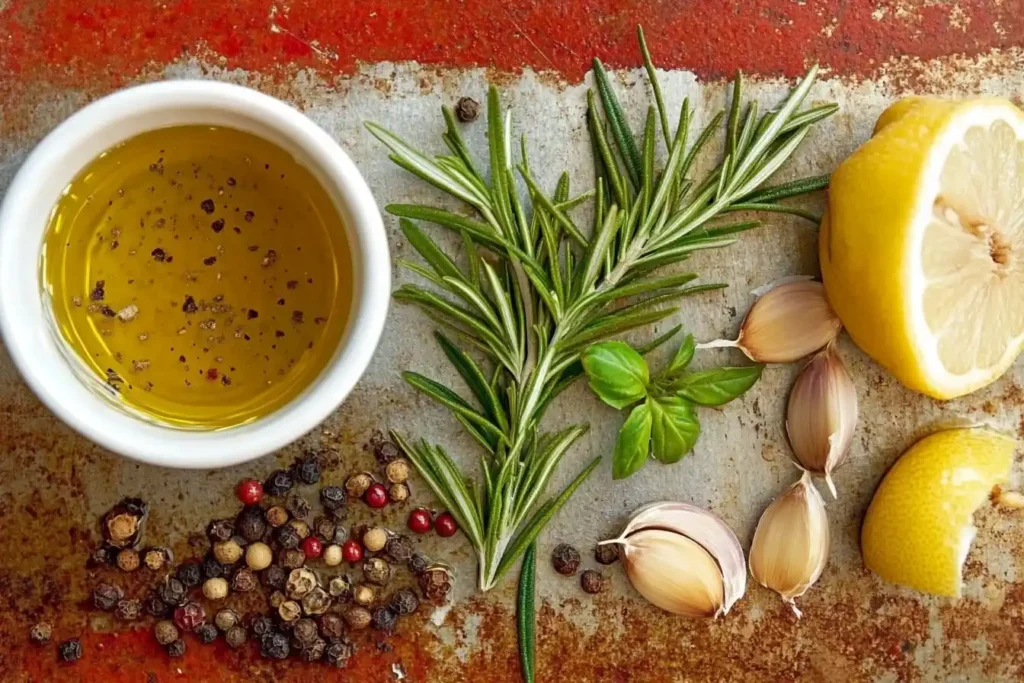 soak a deer roast in before cooking: Flat-lay of rosemary, garlic, olive oil, lemon, and spices arranged on a surface.