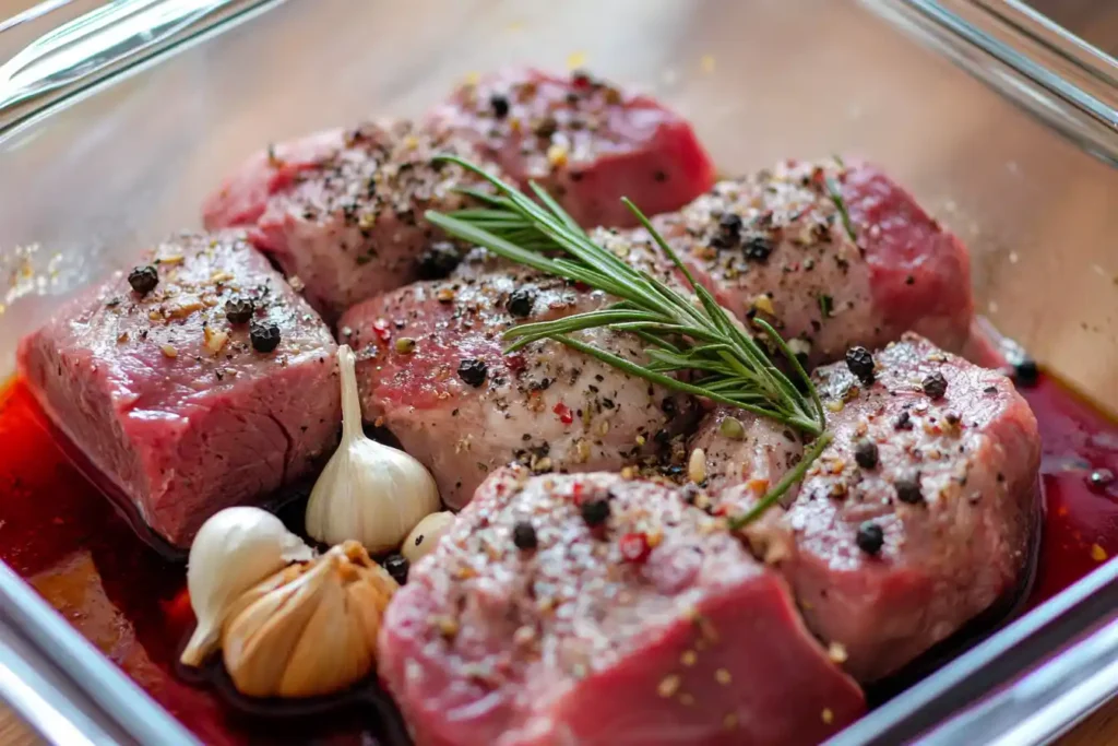 Venison roast marinating in red wine, garlic, and herbs in a glass dish.