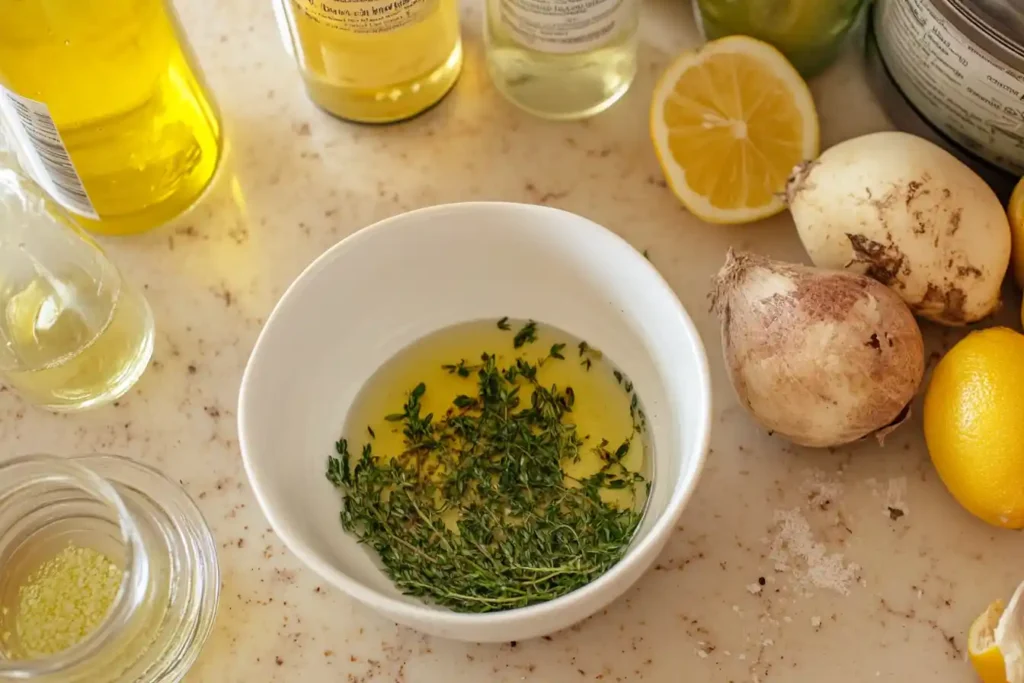 A bowl filled with marinade ingredients including vinegar, herbs, and spices.