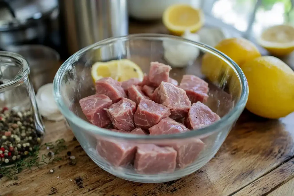 soak a deer roast in before cooking: A rustic kitchen with venison soaking in buttermilk in a glass bowl.