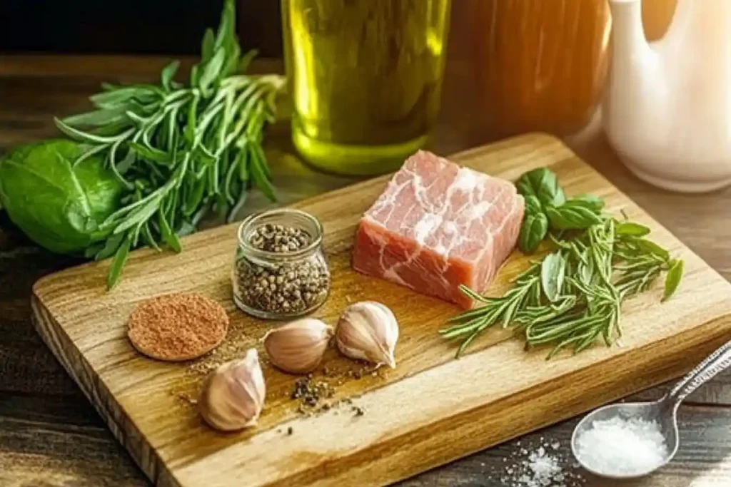 A wooden cutting board with neatly arranged fresh herbs, garlic, and spices.