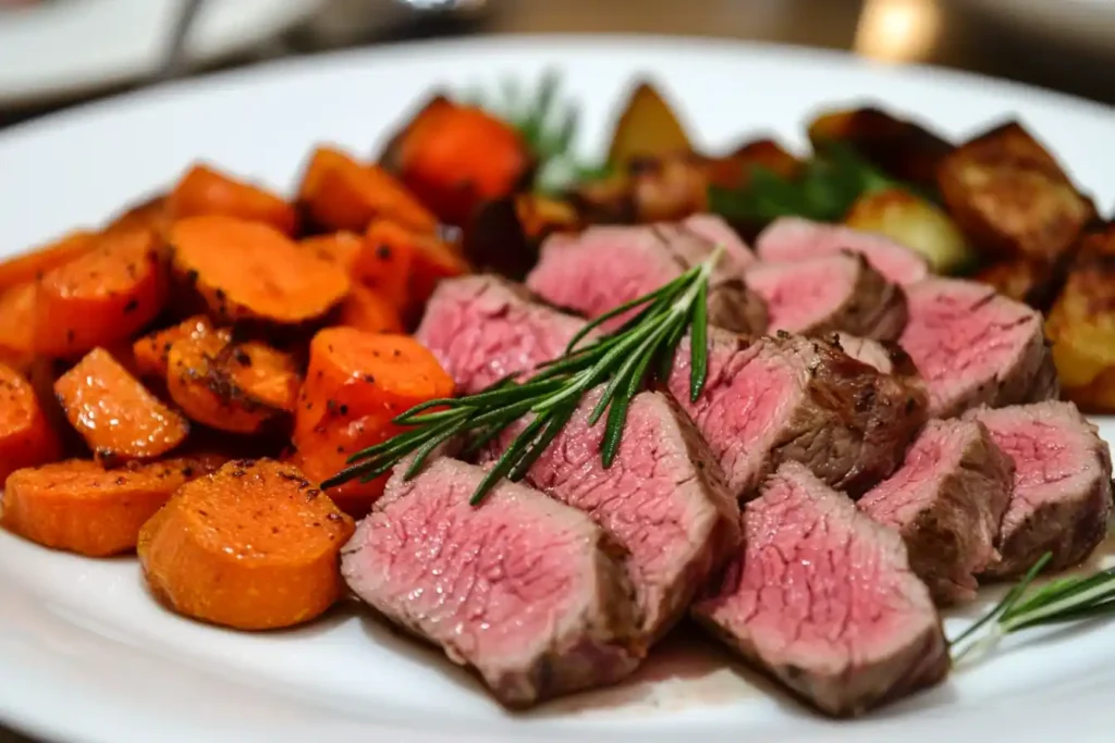A plated venison roast garnished with rosemary and accompanied by roasted vegetables.