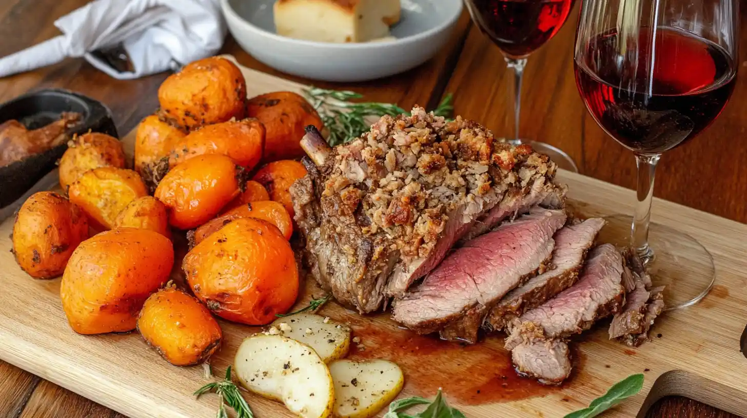 A beautifully roasted deer roast, sliced to reveal a tender and juicy pink interior.