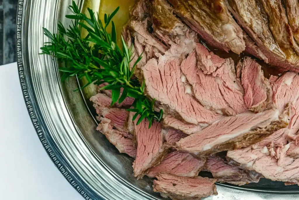 A close-up shot of a perfectly seared venison loin slice, garnished with fresh herbs for added color and flavor.